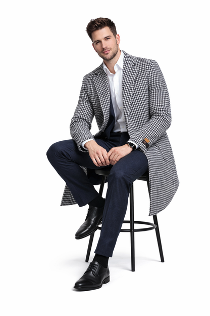 Mens Full Length Wool and Cashmere Overcoat - Winter Topcoats - Black and White Coat