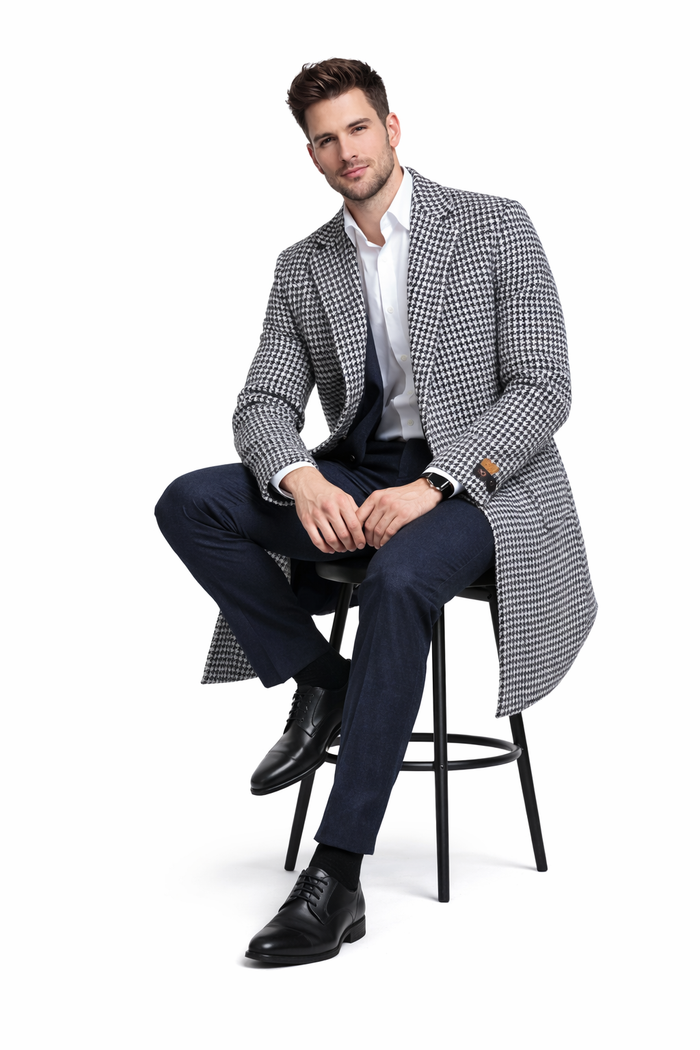 Mens Full Length Wool and Cashmere Overcoat - Winter Topcoats - Black and White Coat