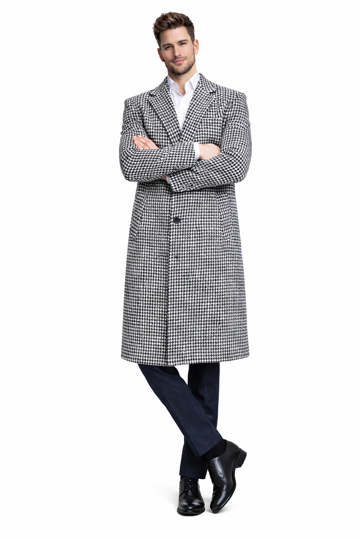 Mens Full Length Wool and Cashmere Overcoat - Winter Topcoats - Black and White Coat