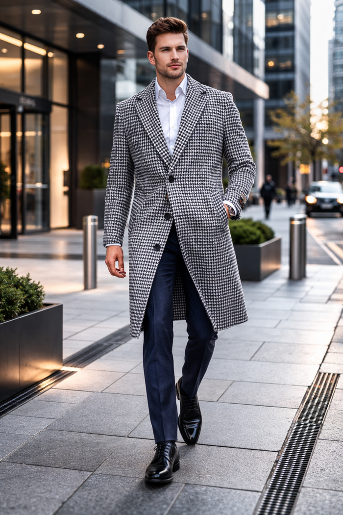Mens Full Length Wool and Cashmere Overcoat - Winter Topcoats - Black and White Coat