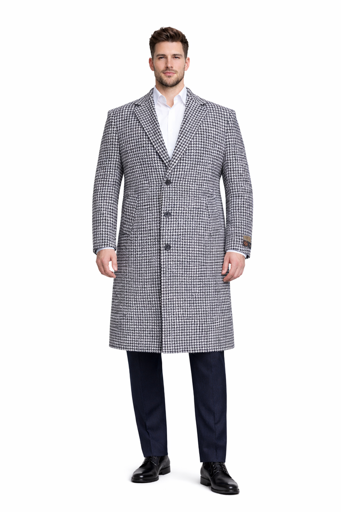 Mens Full Length Wool and Cashmere Overcoat - Winter Topcoats - Black and White Coat