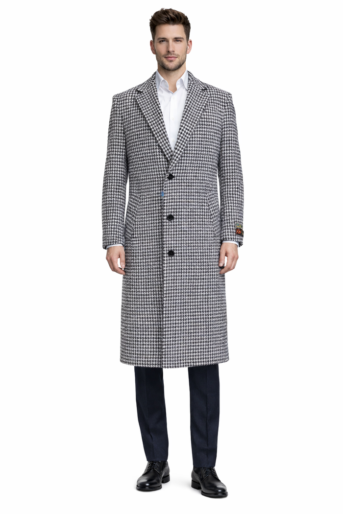 Mens Full Length Wool and Cashmere Overcoat - Winter Topcoats - Black and White Coat