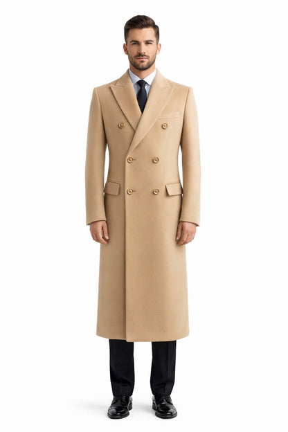 Men's Wool And Cashmere Double Breasted Long Overcoat Beige ~ Camel Three Quarter Winter Men's Topcoat Sale
