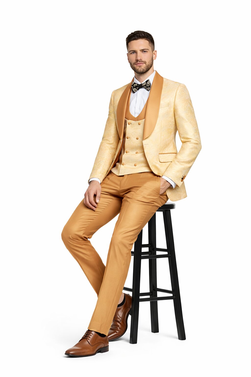 Gold Paisley 3-Piece Skinny Fit Suit – Wide Shawl Lapel with Matching Bow Tie