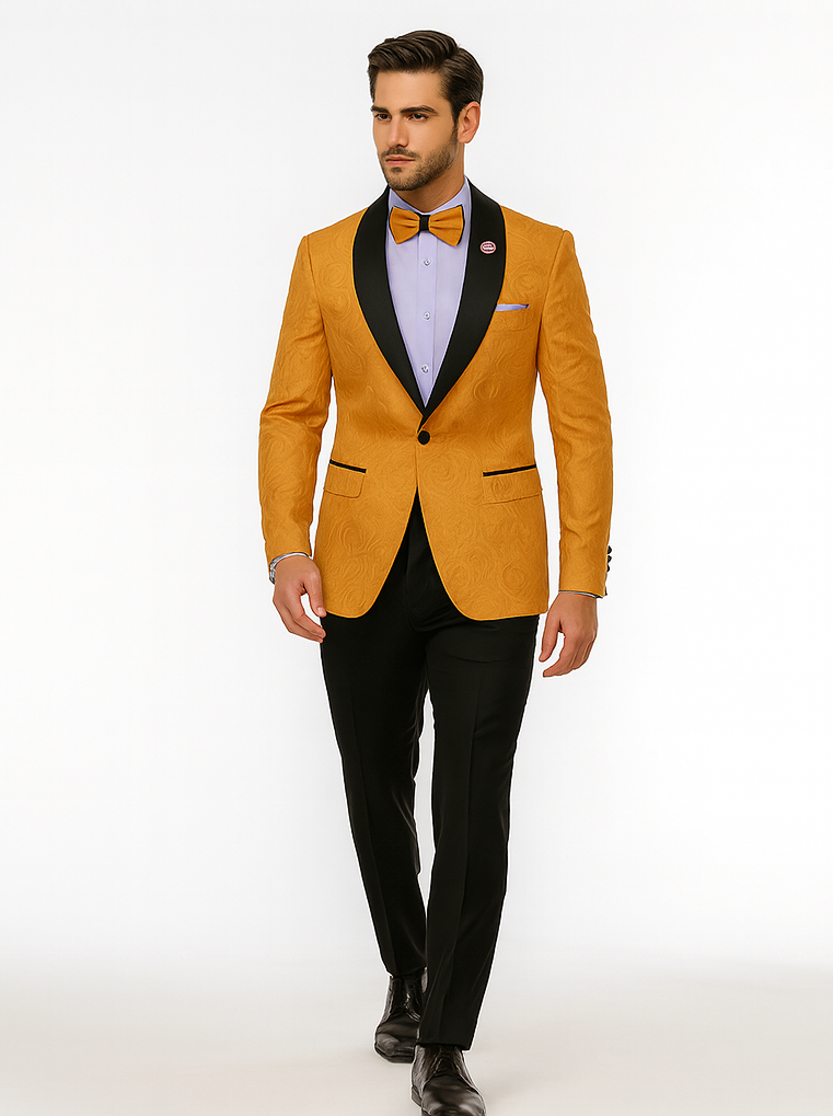 Mens Gold Paisley Pattern Jacket  Luxury Tuxedo Ensemble