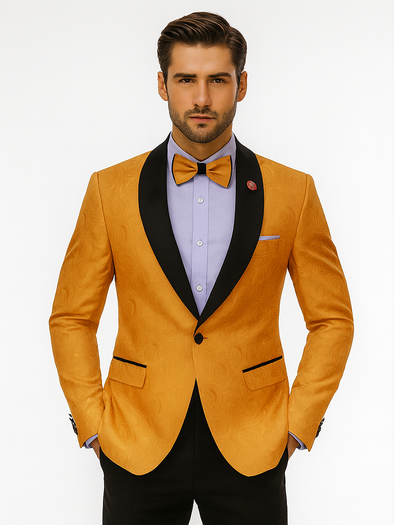 Mens Gold Paisley Pattern Jacket  Luxury Tuxedo Ensemble