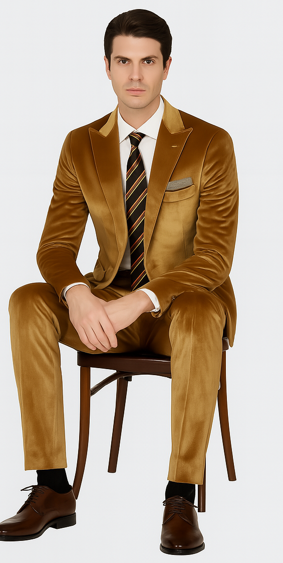 Gold Velvet Blazer and Pants Set  Tazzio 2-Piece Slim Fit Formal Suit for Men