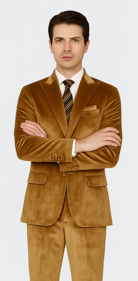 Gold Velvet Blazer and Pants Set  Tazzio 2-Piece Slim Fit Formal Suit for Men