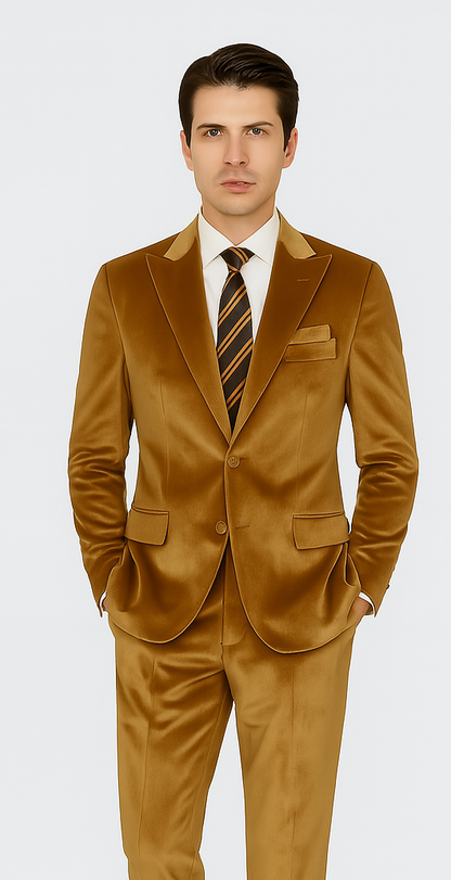 Gold Velvet Blazer and Pants Set  Tazzio 2-Piece Slim Fit Formal Suit for Men