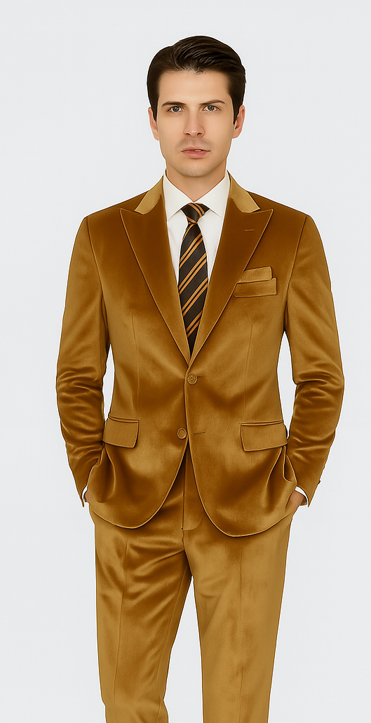 Gold Velvet Blazer and Pants Set  Tazzio 2-Piece Slim Fit Formal Suit for Men