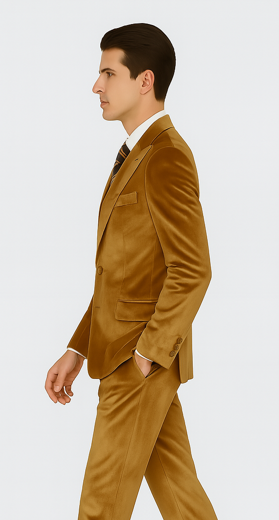 Gold Velvet Blazer and Pants Set  Tazzio 2-Piece Slim Fit Formal Suit for Men