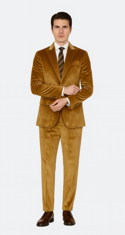 Gold Velvet Blazer and Pants Set  Tazzio 2-Piece Slim Fit Formal Suit for Men