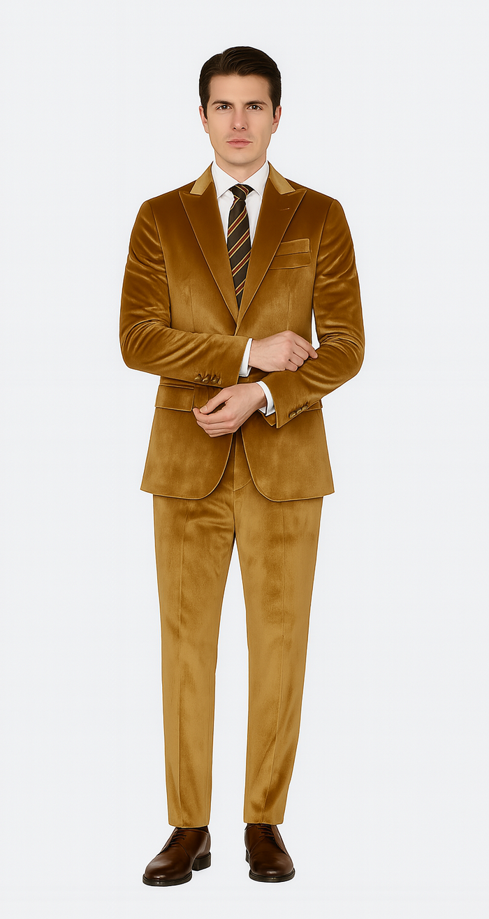 Gold Velvet Blazer and Pants Set  Tazzio 2-Piece Slim Fit Formal Suit for Men