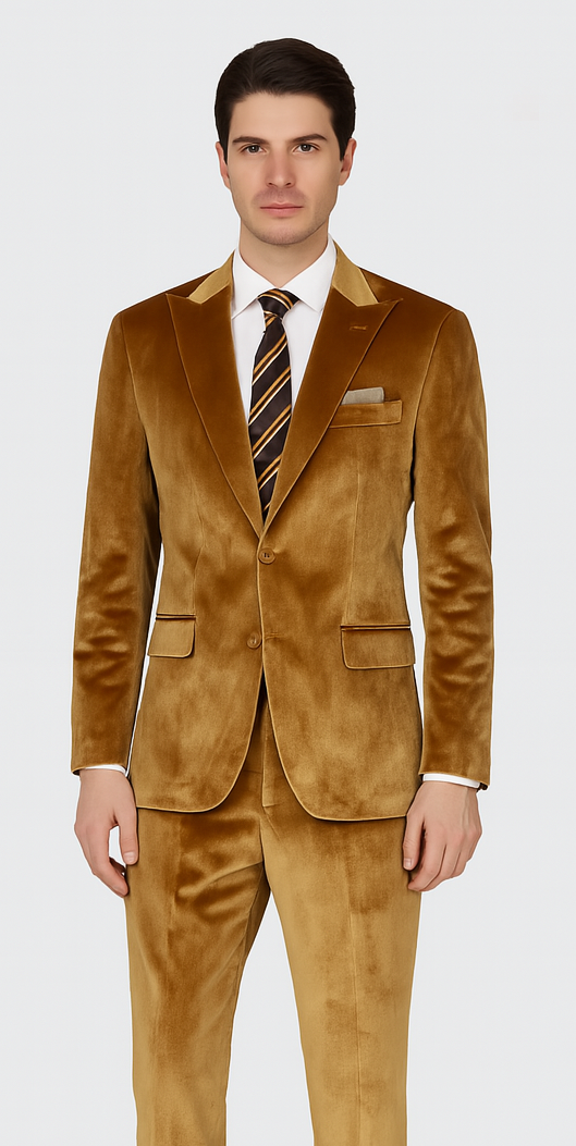 Gold Velvet Blazer and Pants Set  Tazzio 2-Piece Slim Fit Formal Suit for Men