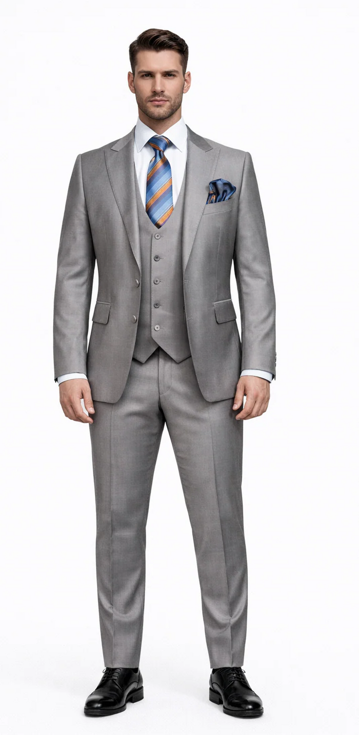 Men's Gray Slim Fit 3-Piece Suit by Rossiman ?? With Vest & Tailored Trousers