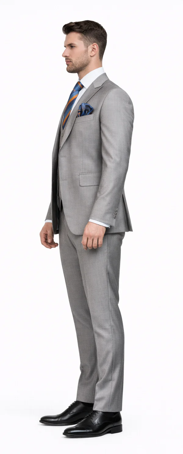 Men's Gray Slim Fit 3-Piece Suit by Rossiman ?? With Vest & Tailored Trousers