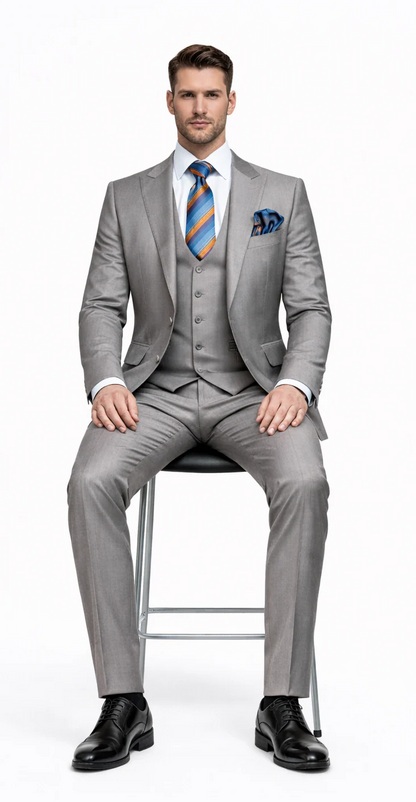 Men's Gray Slim Fit 3-Piece Suit by Rossiman ?? With Vest & Tailored Trousers