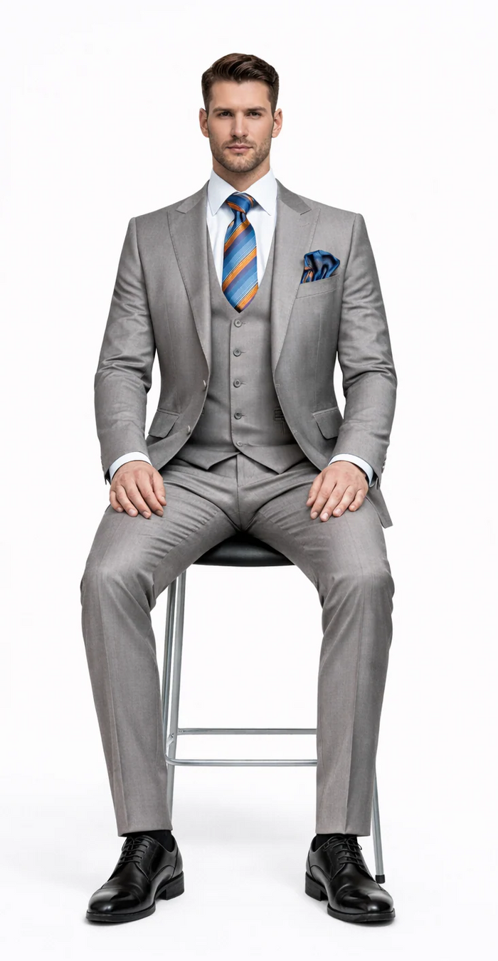 Men's Gray Slim Fit 3-Piece Suit by Rossiman ?? With Vest & Tailored Trousers