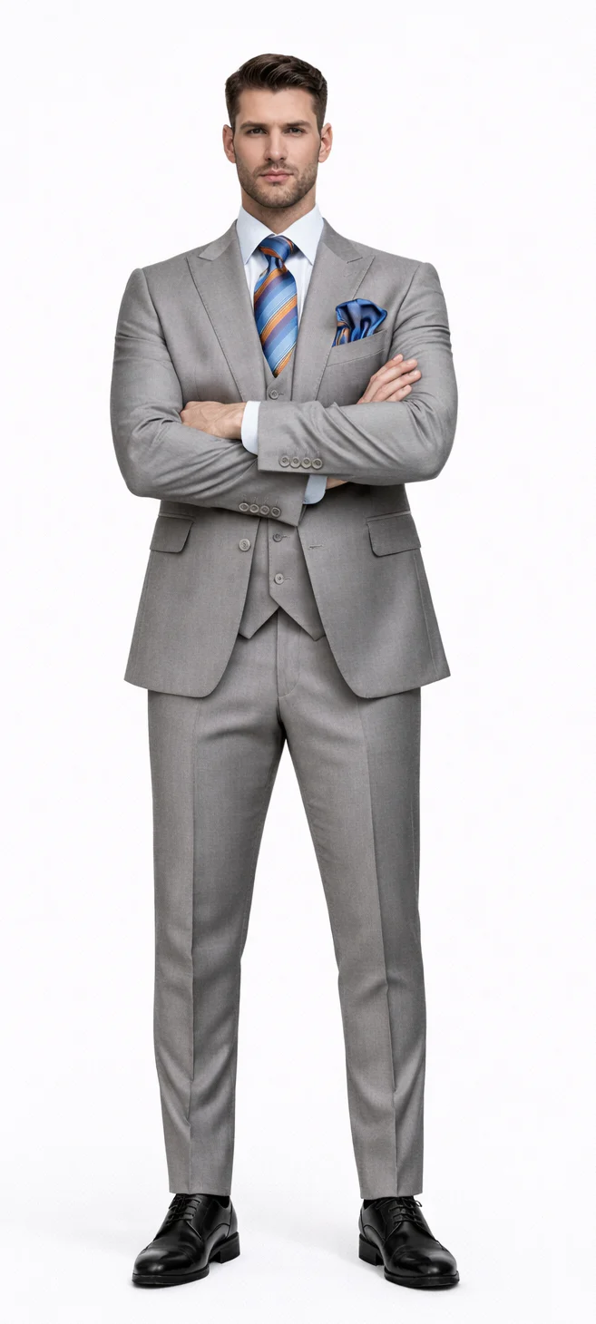 Men's Gray Slim Fit 3-Piece Suit by Rossiman ?? With Vest & Tailored Trousers