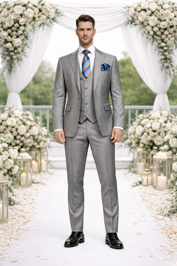 Men's Gray Slim Fit 3-Piece Suit by Rossiman ?? With Vest & Tailored Trousers