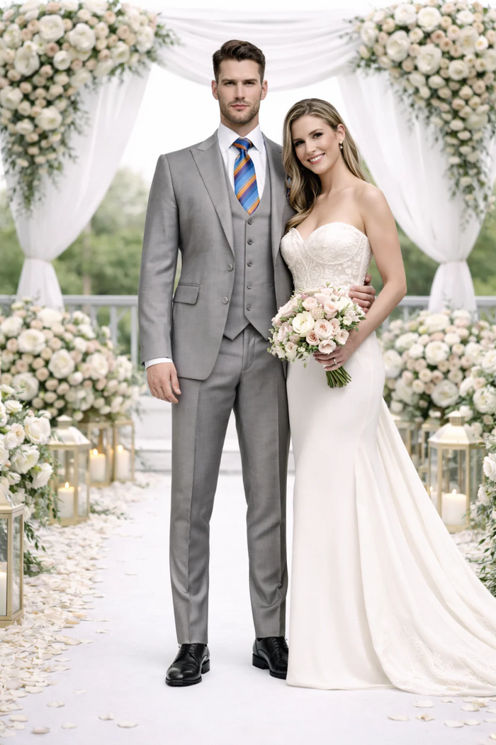 Men's Gray Slim Fit 3-Piece Suit by Rossiman ?? With Vest & Tailored Trousers