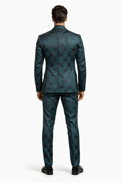 Men's Green and Black Brocade Tuxedo Suit, 3 Piece Floral Jacquard Outfit for Weddings Formal Events Slim Fitted Men's Green and Black Brocade Tuxedo Suit, 3 Piece Floral Jacquard Outfit for Weddings Formal Events Slim Fitted