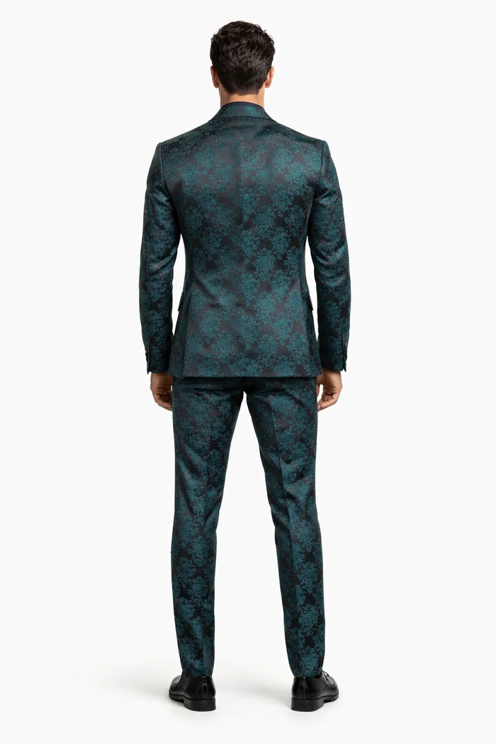 Men's Green and Black Brocade Tuxedo Suit - 3 Piece Floral Jacquard Outfit for Weddings and Formal Events - Slim Fitted
