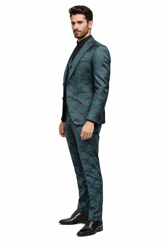 Men's Green and Black Brocade Tuxedo Suit - 3 Piece Floral Jacquard Outfit for Weddings and Formal Events - Slim Fitted