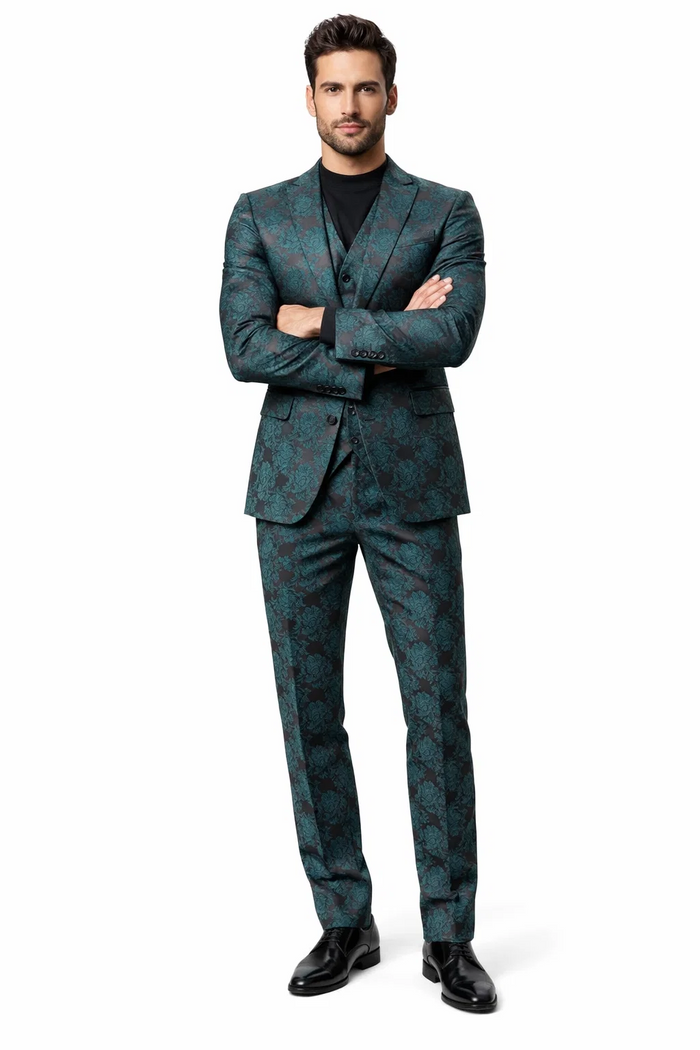 Men's Green and Black Brocade Tuxedo Suit - 3 Piece Floral Jacquard Outfit for Weddings and Formal Events - Slim Fitted
