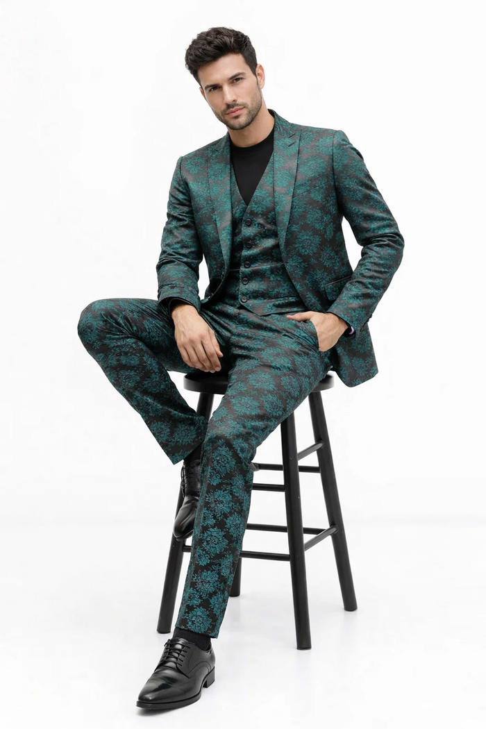 Men's Green and Black Brocade Tuxedo Suit - 3 Piece Floral Jacquard Outfit for Weddings and Formal Events - Slim Fitted
