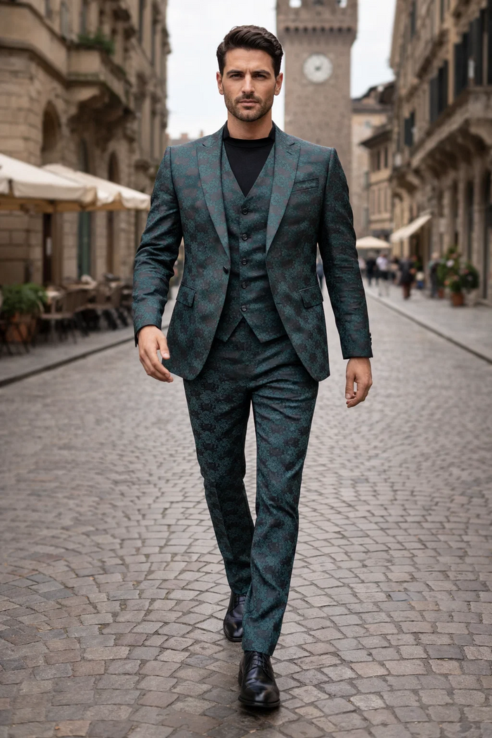 Men's Green and Black Brocade Tuxedo Suit - 3 Piece Floral Jacquard Outfit for Weddings and Formal Events - Slim Fitted