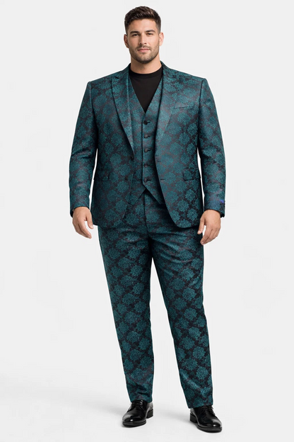 Men's Green and Black Brocade Tuxedo Suit - 3 Piece Floral Jacquard Outfit for Weddings and Formal Events - Slim Fitted