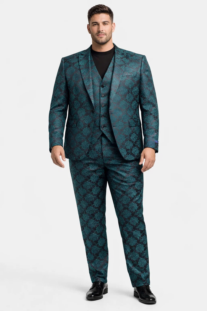 Men's Green and Black Brocade Tuxedo Suit - 3 Piece Floral Jacquard Outfit for Weddings and Formal Events - Slim Fitted