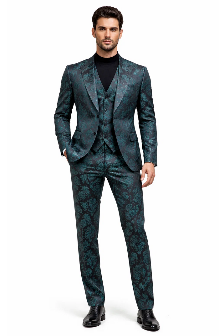 Men's Green and Black Brocade Tuxedo Suit - 3 Piece Floral Jacquard Outfit for Weddings and Formal Events - Slim Fitted