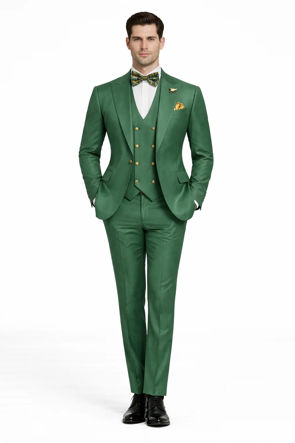 Men??s Green Slim Fit Suit by Rossiman ?? Stylish Double-Breasted Vest & Flat Front Pants
