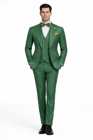 Men??s Green Slim Fit Suit by Rossiman ?? Stylish Double-Breasted Vest & Flat Front Pants