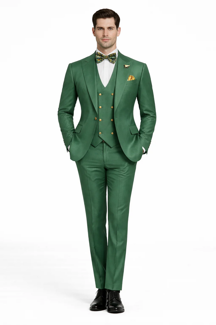Men??s Green Slim Fit Suit by Rossiman ?? Stylish Double-Breasted Vest & Flat Front Pants