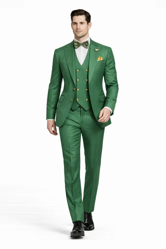 Men??s Green Slim Fit Suit by Rossiman ?? Stylish Double-Breasted Vest & Flat Front Pants