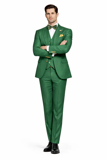 Men??s Green Slim Fit Suit by Rossiman ?? Stylish Double-Breasted Vest & Flat Front Pants