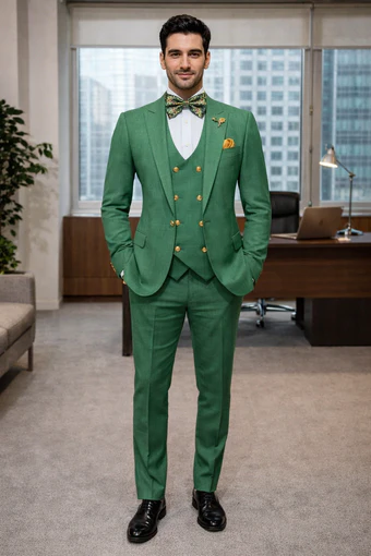 Men??s Green Slim Fit Suit by Rossiman ?? Stylish Double-Breasted Vest & Flat Front Pants