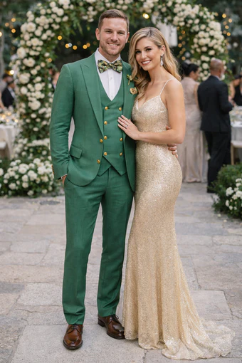 Men??s Green Slim Fit Suit by Rossiman ?? Stylish Double-Breasted Vest & Flat Front Pants