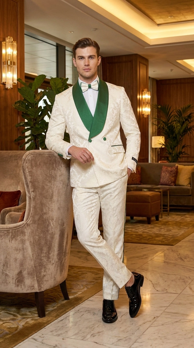Mens Green & White Tuxedo Suit – White Floral Jacquard Wedding Suit with Green Shawl Lapel