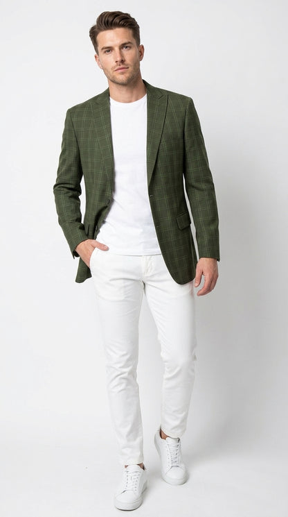Men’s Green Windowpane Blazer – Two-Button Plaid Sport Coat for Weddings, Business and Modern Fit