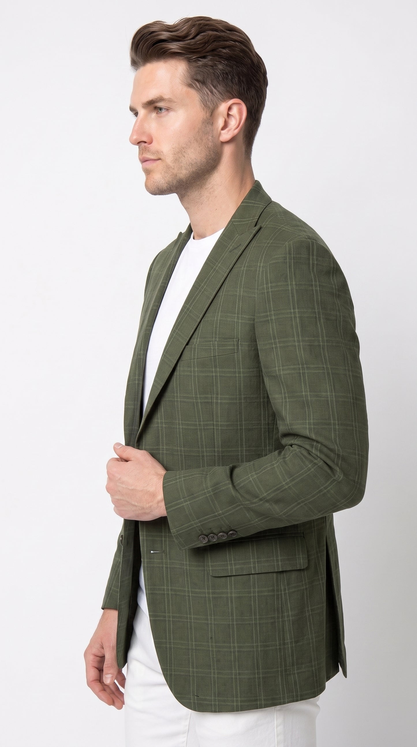Men’s Green Windowpane Blazer – Two-Button Plaid Sport Coat for Weddings, Business and Modern Fit