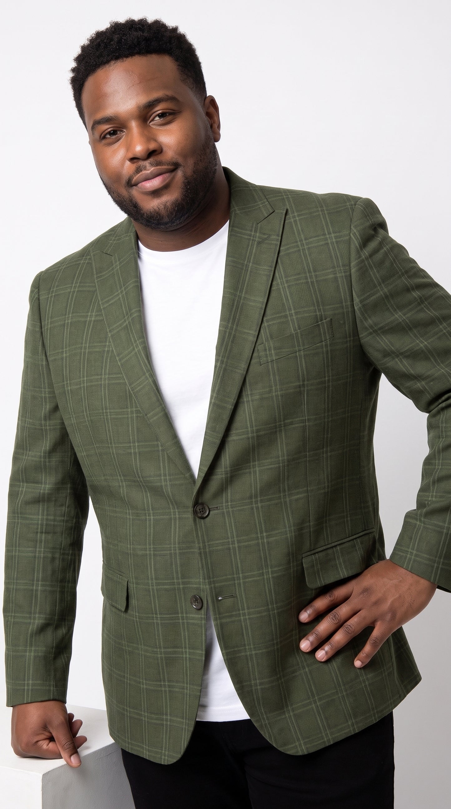 Men’s Green Windowpane Blazer – Two-Button Plaid Sport Coat for Weddings, Business and Modern Fit