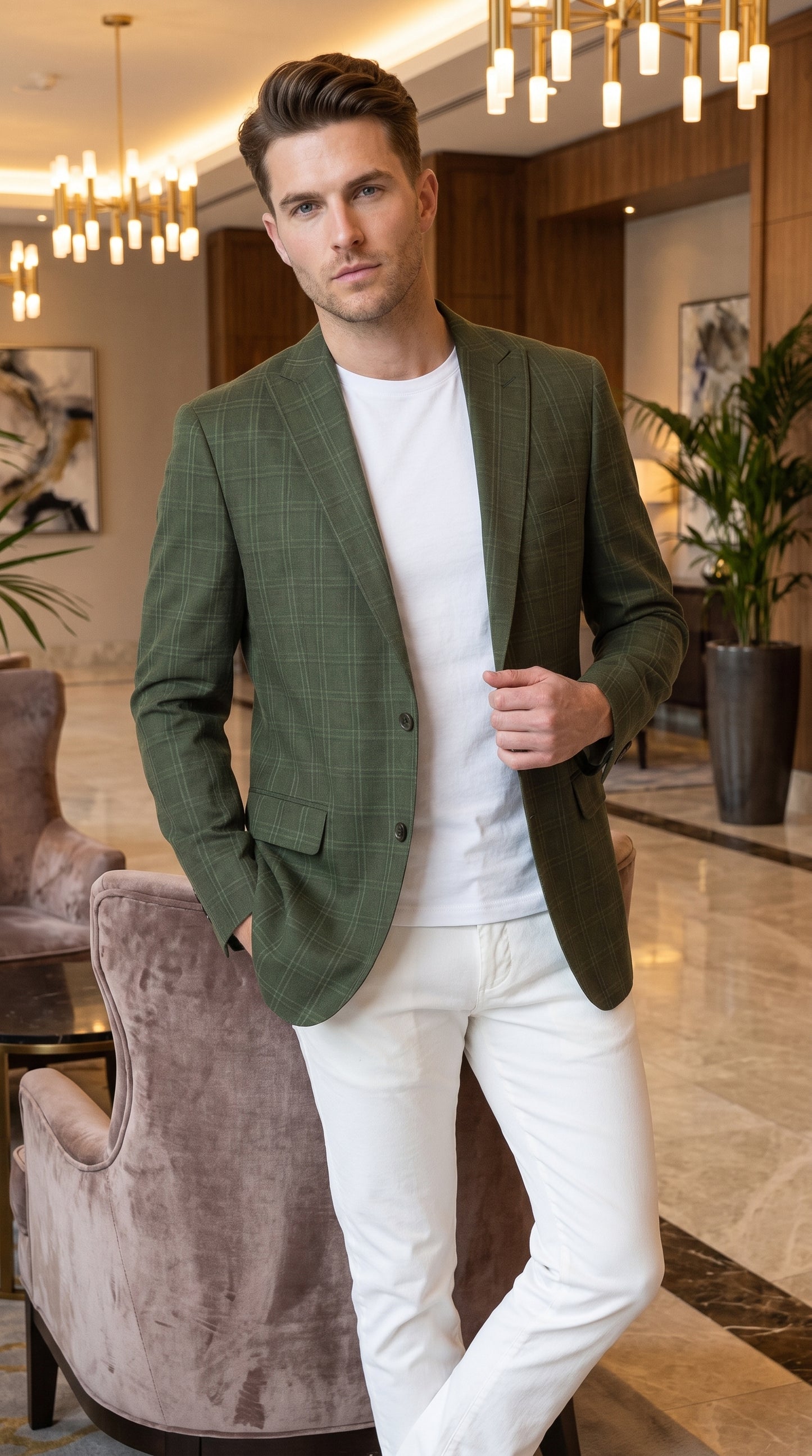Men’s Green Windowpane Blazer – Two-Button Plaid Sport Coat for Weddings, Business and Modern Fit