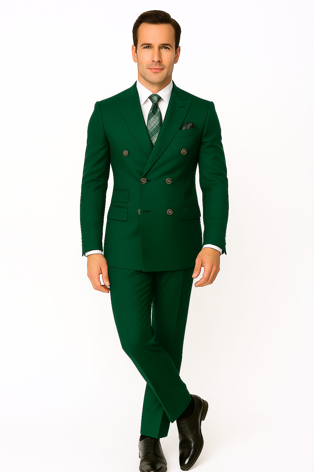 Mens Designer Modern Fit Double Breasted Wool Suit with Gold Buttons in Hunter Green