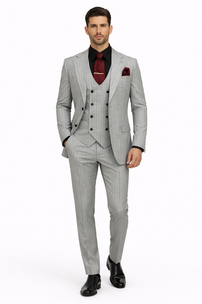 Men's Grey and Black Pinstripe Three-Piece Suit 1920s Suit Gangster Stripe Vintage Look