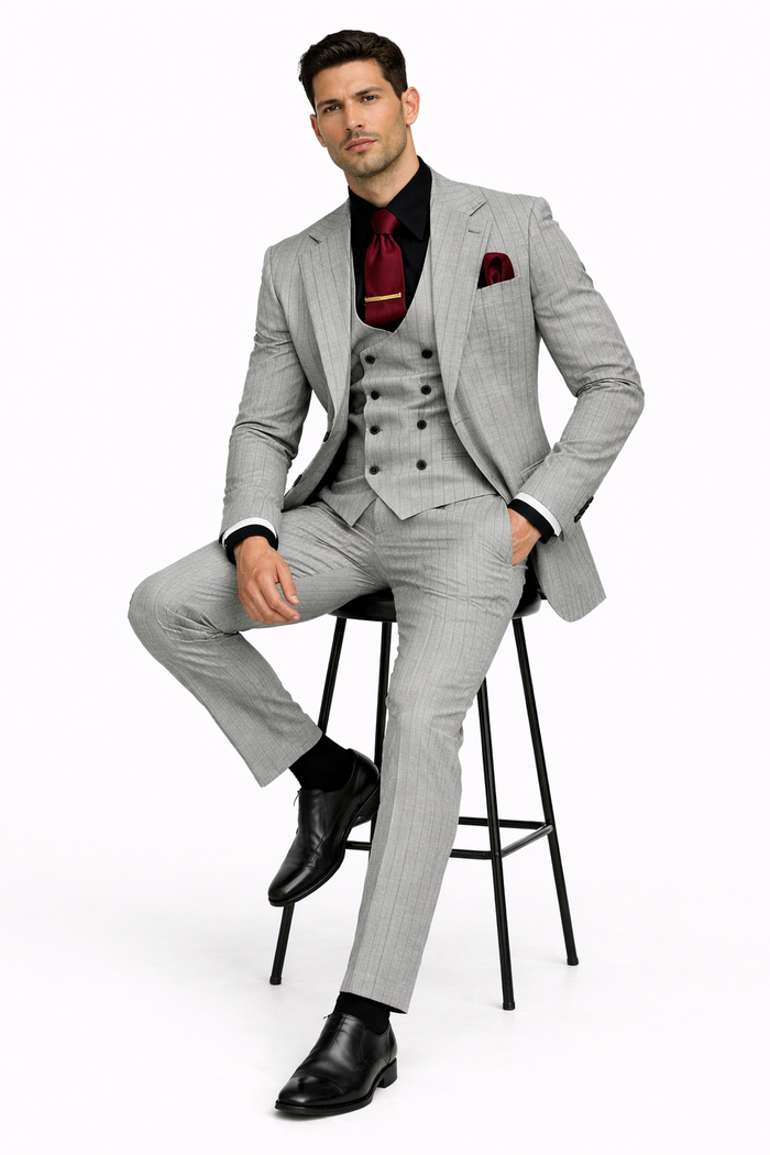 Men's Grey and Black Pinstripe Three-Piece Suit 1920s Suit Gangster Stripe Vintage Look