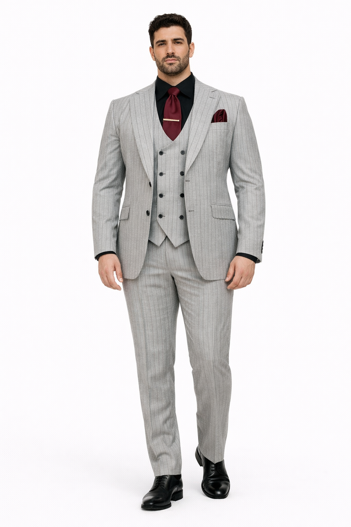 Men's Grey and Black Pinstripe Three-Piece Suit 1920s Suit Gangster Stripe Vintage Look